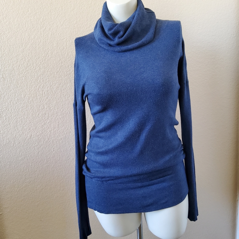 Eileen Fisher Navy Blue Cowl Neck Tunic Sweater Dropped Shoulder Fine Knit M